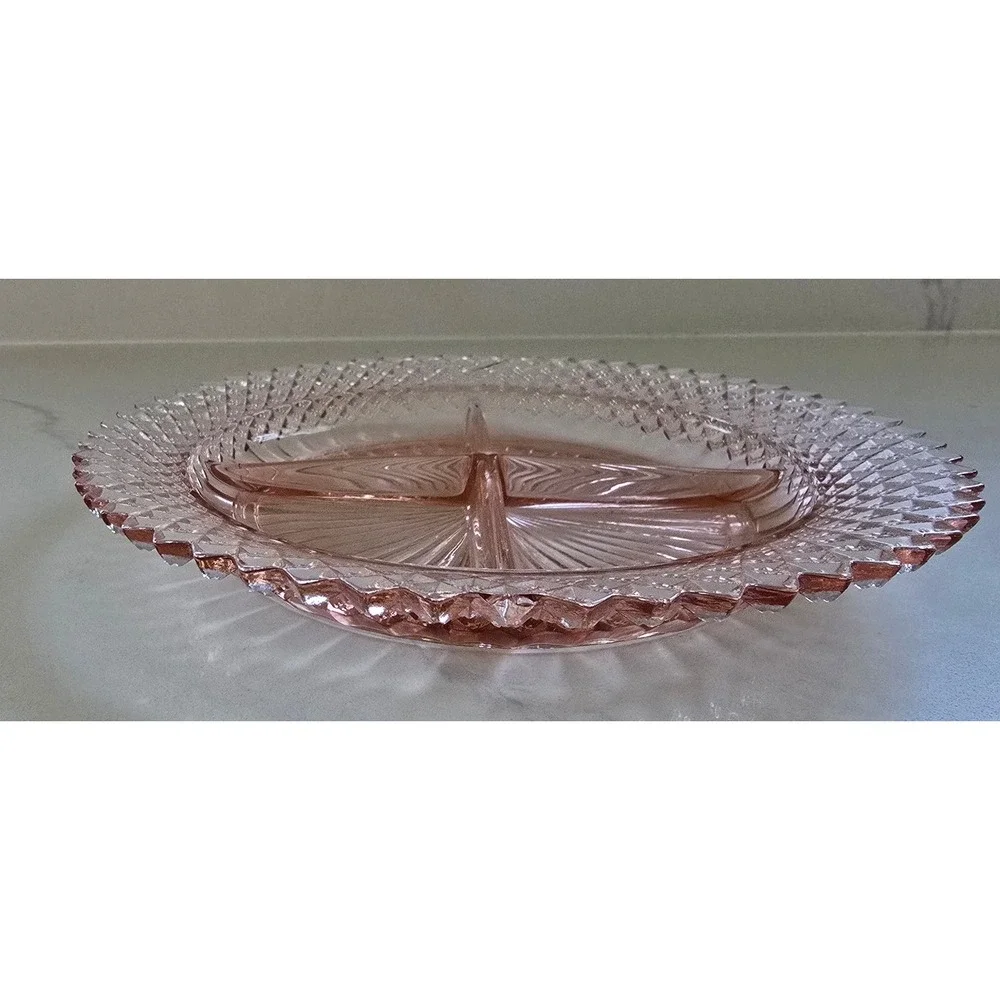 Vintage Pink Depression Glass Divided Relish Dish Diamond Point Sunburst Tray